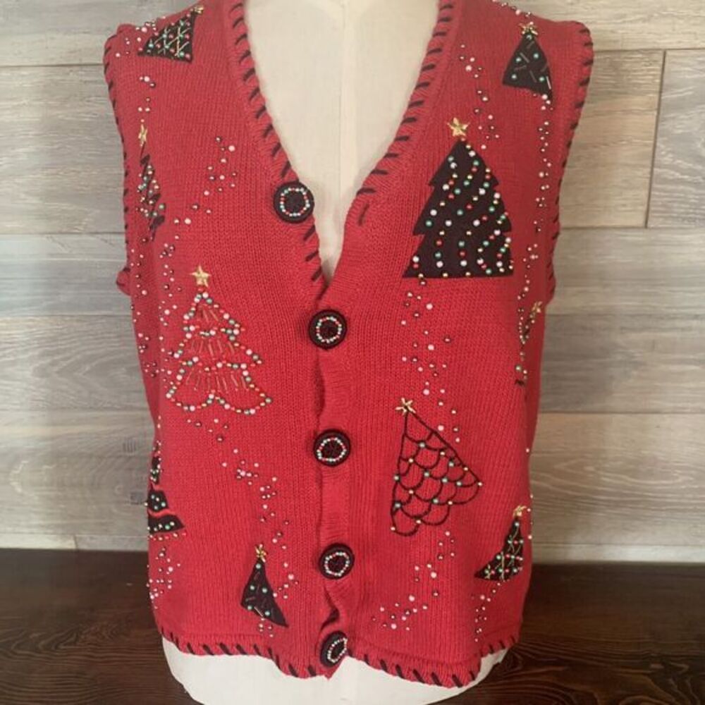 Ugly Christmas DESIGNER STUDIO Red Fa La La Vest‎ Beaded Christmas Trees Small